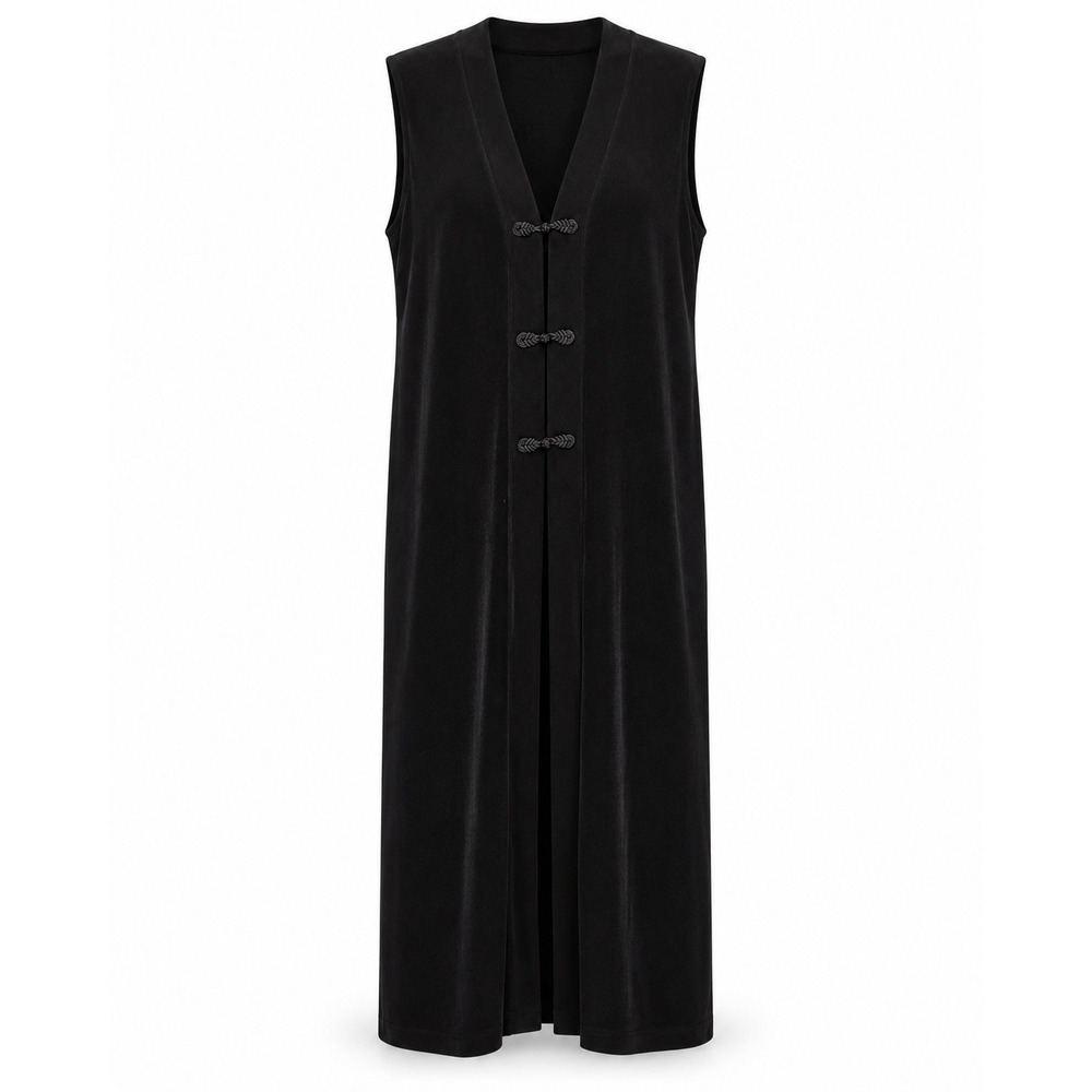 Chico's Travelers Duster Vest Size 3 Black Frog Closure Sleeveless Maxi Cardigan